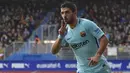 Ekspresi pemain FC Barcelona, Luis Suarez usai membobol gawang Eibar pada lanjutan La Liga Santander di Ipurua stadium,  Eibar, (17/2/2018). Barcelona menang 2-0.(AP/Alvaro Barrientos)