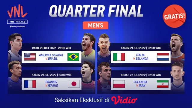 Nonton Live Streaming Quarterfinal Men’s Volleyball Nations League 2022 Vidio 20-22 Juli 2022