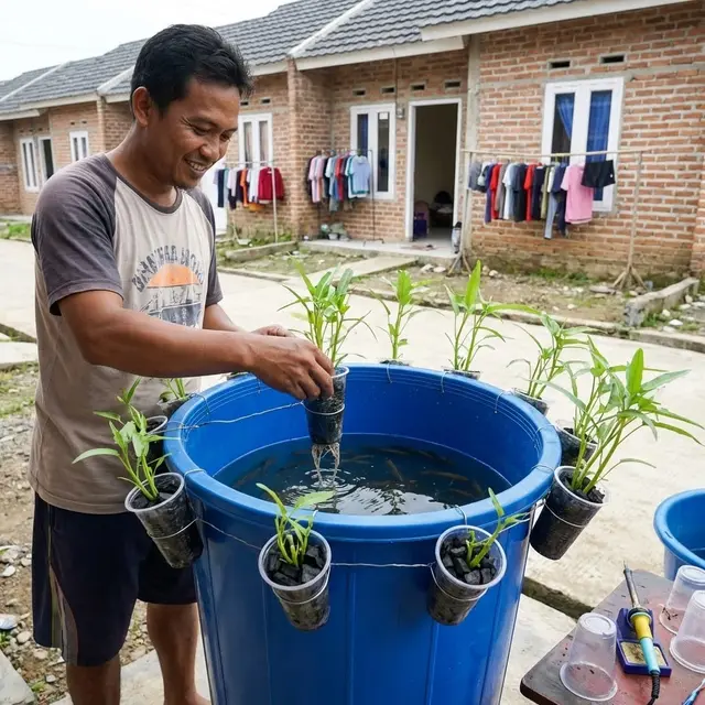 Ternak lele di kolam ember dengan kangkung (Gemini AI)