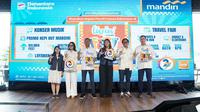 Andri verraning Ayu (CEO Antara Suara), Ardella Lathifah P. (Nice Youth Representative), M. Wisnu Trihanggodo (SEVP Corporate Relations Bank Mandiri), Prina Eka Putri (Marketing Group Head PT. Garuda Indonesia), Novi Eastiyanto (COO 20FIT), dan Ryan Adrian (Managing Director NICE) pada saat konferensi pers Livin' Fest 2025 di Kawasan Senayan, Jakarta, Rabu (17/9/2025). (Foto: Dok. Istimewa)
