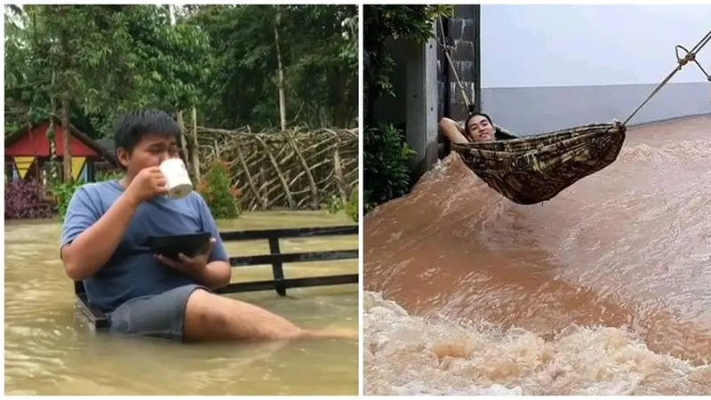 6 Potret Orang Tetap Santai Meski Banjir Ini Bikin Deg-degan Lihatnya