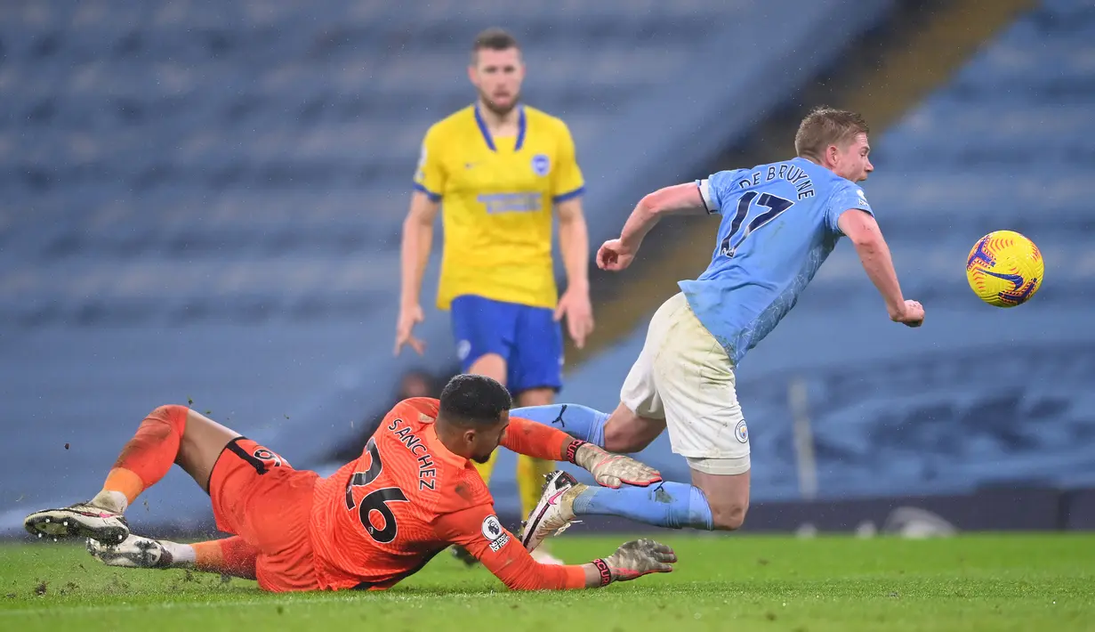 Kiper Brighton and Hove Albion, Robert Sanchez (kiri) menjatuhkkan Gelandang Manchester City, Kevin De Bruyne yang menghasilkan tendangan penalti dalam laga lanjutan Liga Inggris 2020/21 di Etihad Stadium, Rabu (13/1/2021). Brighton kalah 0-1 dari Manchester City. (AFP/Laurence Griffiths/Pool)
