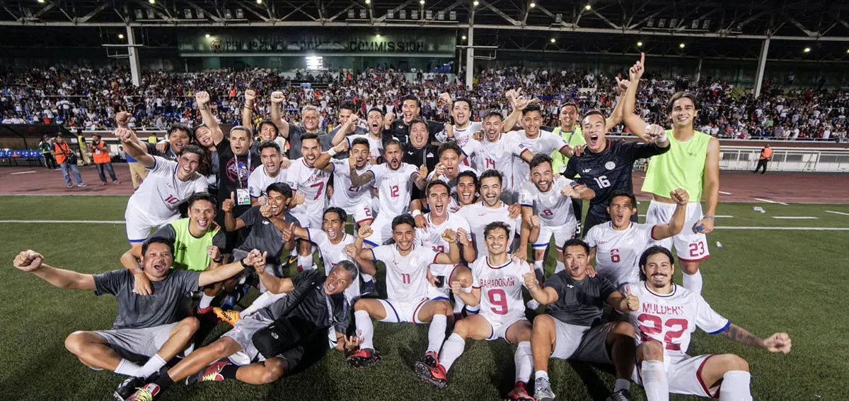 Timnas Filipina merayakan kepastian tampil di Piala Asia 2019 setelah mengalahkan Tajikistan di Manila, Selasa (27/3/2018). (Bola.com/Dok. AFC)