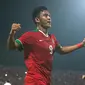 Rafli Mursalim merayakan golnya yang membawa Timnas Indonesia U-19 menang 1-0 atas Vietnam, Sabtu (7/7/2018) di Stadion Gelora Delta, Sidoarjo. (Bola.com/Aditya Wany)