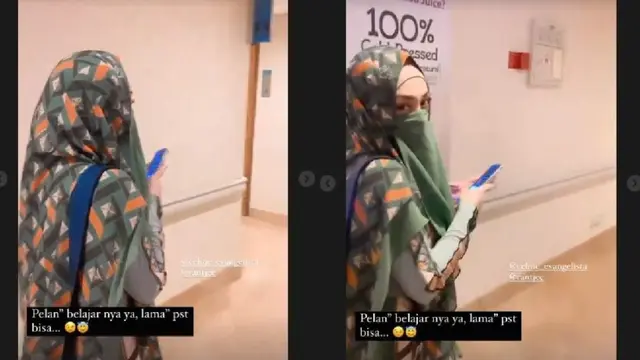 [Fimela] Penampilan Celine Evangelista berhijab dan menggunakan cadar