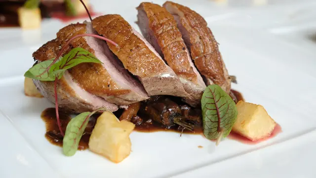Honey Glazed Duck Breast with Fried Potato Croutons, Baby Carrots & Figs