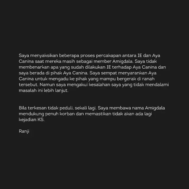 Unggahan Ranji personel Amigdala soal kekerasan yang menimpa Aya Canina. (Foto: Dok. Instagram @musikamigdala)
