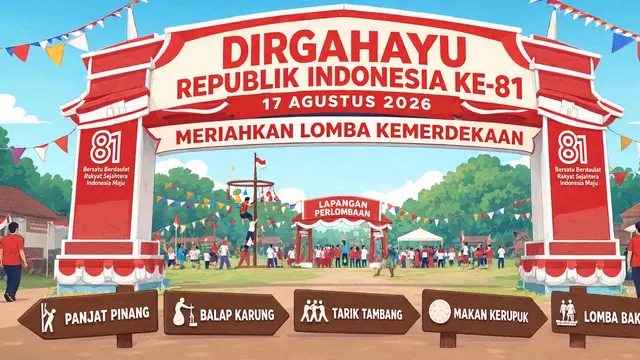 Desain spanduk 17 Agustus 2026 yang kreatif dan belum pernah dibuat model gerbang desa