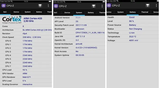 Oppo A83 diuji dengan CPU-Z. Dok: Tommy Kurnia