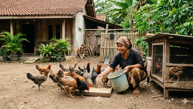 Memberi makan ayam dari nasi basi