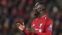 Gelandang Liverpool Naby Keita bereaksi saat menghadapi Bayern Munchen pada pertandingan Liga Champions di Stadion Anfield, Liverpool, Inggris, 19 Februari 2019. Pemain asal Ghana ini akan membela Liverpool menghadapi Tottenham Hotspur di final Liga Champions 2019. (Photo by Christof STACHE / AFP)