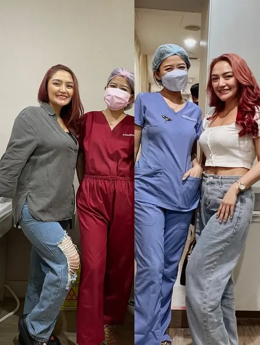 Siti Badriah membagikan foto before-after, saat ia pakai kemeja oversized dan crop top putih. [@sitibadriahh]