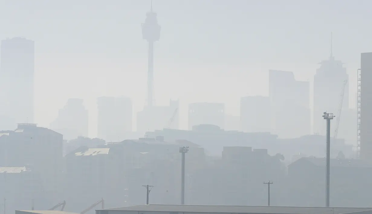 Kabut asap menutupi Sydney saat kebakaran hutan dan lahan terjadi kota, Selasa (19/11/2019). Sydney diselimuti kabut asap saat kebakaran hutan di timur Australia menyebabkan tingkat polusi di kota terbesar Australia itu naik tajam. (AP Photo/Rick Rycroft)