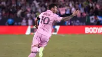 Lionel Messi saat berselebrasi setelah mencetak gol keduanya ke gawang FC Dallas dalam babak 16 besar Leagues Cup di Toyota Stadium, Texas, Senin (7/8/2023) pagi WIB. Inter Miami bermain imbang 4-4 dengan Dallas FC dalam pertandingan ini. (Alex Bierens de Haan/Getty Images/AFPAlex Bierens de Haan / GETTY IMAGES NORTH AMERICA / Getty Images via AFP)