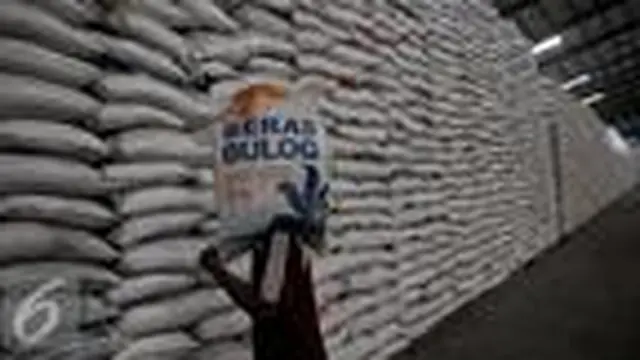 Salah satu petugas tengah memindahkan cangan beras milik bulog yang berada di salah satu gudang penyimpanan pangan milik pemerintah itu.