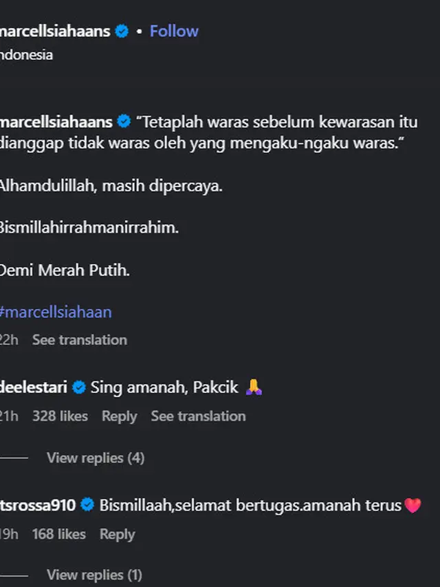 Unggahan Marcel Siahaan. (Instagram/ marcellsiahaans)