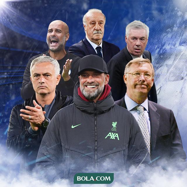 Ilustrasi - Pep Guardiola, Sir Alex Ferguson, Carlo Ancelotti, Jurgen Klopp, Jose Mourinho, Vicente del Bosque