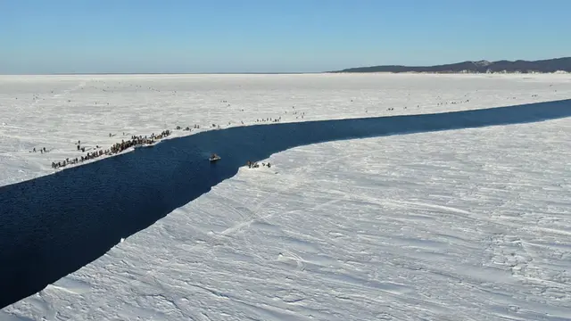Sekelompok nelayan di Rusia menggunakan sepotong bongkahan es yang lebih kecil sebagai rakit untuk mendayung ke pantai di Siberia timur, Rusia.