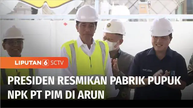 Presiden Joko Widodo meresmikan operasional pabrik pupuk NPK, PT Pupuk Iskandar Muda, di kawasan ekonomi khusus Arun, Lhokseumawe, Aceh. Presiden berharap keberadaan pabrik nilai investasi Rp 1,7 triliun itu bisa meningkatkan suplai pupuk nasional, s...