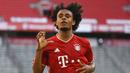 Pemain Bayern Munchen, Joshua Zirkzee, melakukan selebrasi usai membobol gawang Borussia Moenchengladbach pada laga Bundesliga di Allianz Arena, Minggu (14/6/2020). Bayern Munchen menang 2-1 atas Borussia Moenchengladbach. (AP/Matthias Balk)