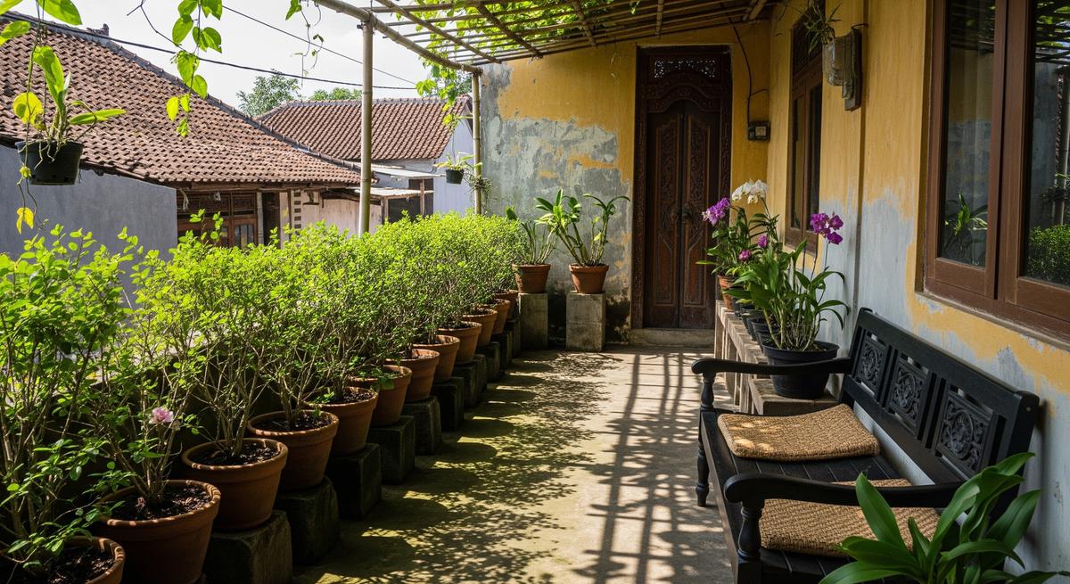 Teras dengan Tanaman Daun Kecil Rimbun, Sejuk di Musim Hujan dan Teduh saat Kemarau Model Lineral dengan Deretan Pot Kecil