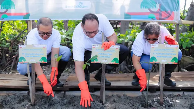 PT Bursa Efek Indonesia (BEI), PT Kliring Penjaminan Efek Indonesia (KPEI), dan PT Kustodian Sentral Efek Indonesia (KSEI),  menyalurkan bantuan penanaman mangrove dan bantuan pendidikan pada Jumat (20/12) diSemarang, Jawa Tengah. (Dok Benihbaik)