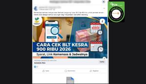 Tangkapan layar klaim link untuk mengecek penerima BLT Kesra periode Januari-Maret 2026 yang beredar di Facebook. Cek faktanya
