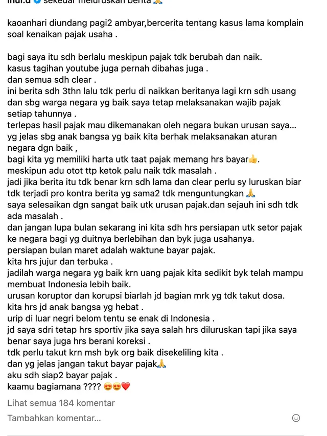 Unggahan Inul Daratista. (Foto: Dok. Instagram @inul.d)