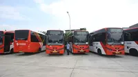 Deretan armada bus Minitrans yang terparkir di kantor TransJakarta, Cawang, Jakarta, Selasa (17/10). PT TransJakarta menghadirkan dua bus angkutan umum yakni Minitrans dan Metrotrans. (Liputan6.com/Immanuel Antonius)