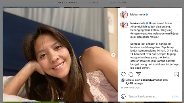 Unggahan Lala Karmela. (Foto: Instagram @lalakarmela)
