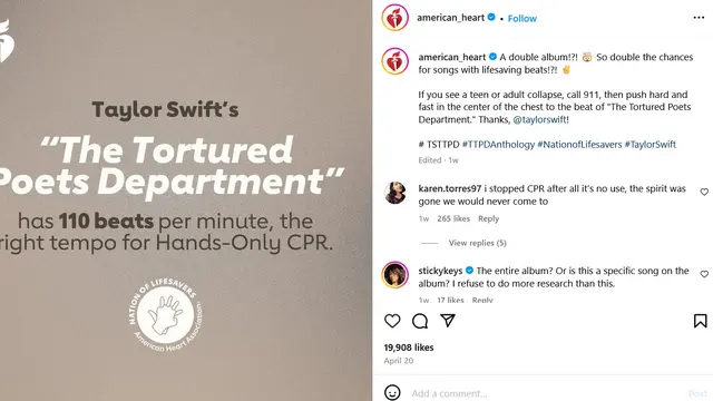 Unggahan American Heart Association tentang lagu Taylor Swift. (Instagram/ american_heart)