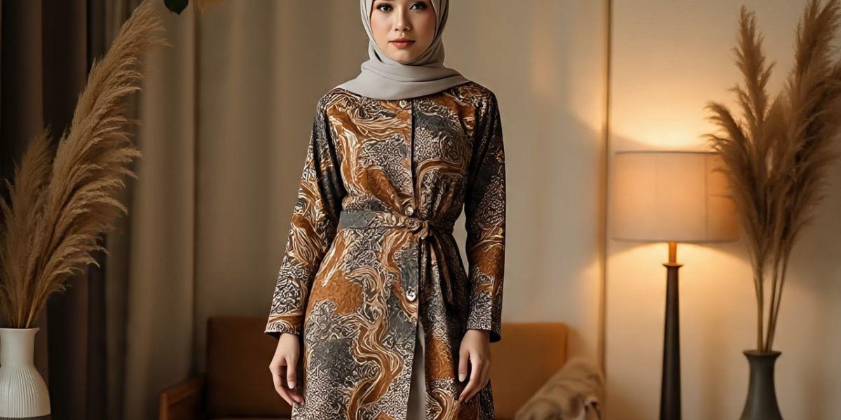 Ilustrasi Tunik Batik Kancing Samping dengan Belahan Panjang