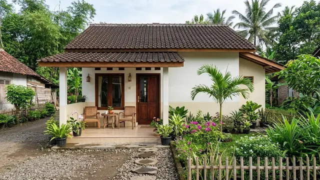 Rumah Desa dengan Teras dan Taman Depan Sederhana