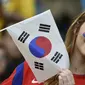 Seorang wanita cantik pendukung Korea Selatan mengibarkan bendera Korsel saat tim kesayangannya berlaga melawan Aljazair di Porto Alegre pada 22 Juni 2014 (AFP PHOTO/PHILIPPE DESMAZES)