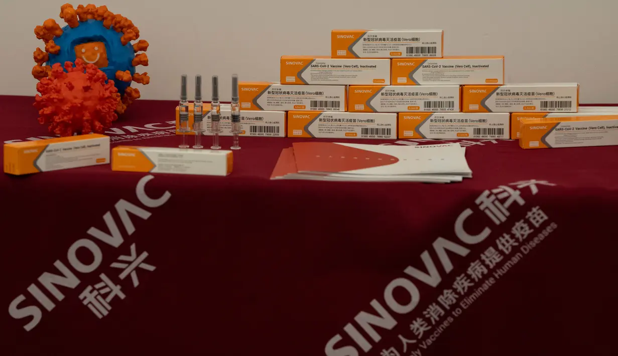 Vaksin SARS CoV-2 untuk COVID-19 ditampilkan selama tur pabrik vaksin SinoVac di Beijing, Kamis (24/9/2020). Perusahaan farmasi China, Sinovac mengatakan vaksin virus corona yang dikembangkannya akan siap didistribusikan ke seluruh dunia, termasuk AS, pada awal 2021. (AP Photo/Ng Han Guan)