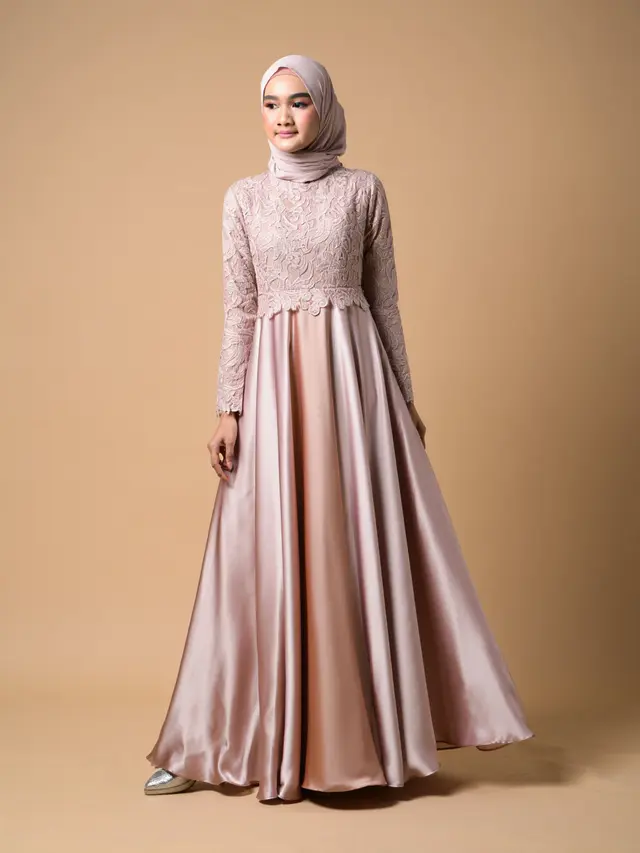 Gamis Brokat Kombinasi Satin Pesta Elegan