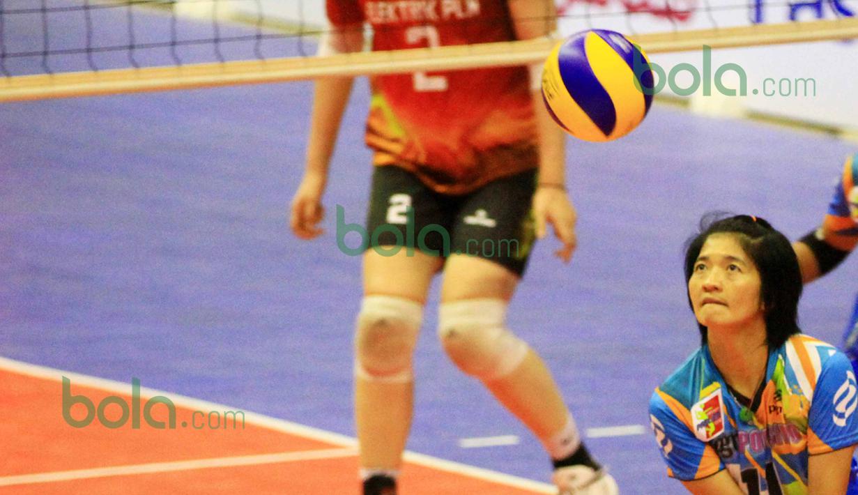 Pemain Jakarta PGN Popsivo, Rita Kurniati, mengembalikan bola saat melawan Jakarta Electrik PLN pada laga perdana Proliga 2016 putaran pertama di GOR Ken Arok, Malang, Jumat (19/2/2016). (Bola.com/Nicklas Hanoatubun)
