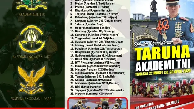 Tentara Nasional Indonesia (TNI) membuka pendaftaran bagi calon taruna/taruni Akademi Militer (Akmil) 2024.