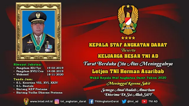 Wakasad Letjen TNI Herman Asaribab meninggal dunia