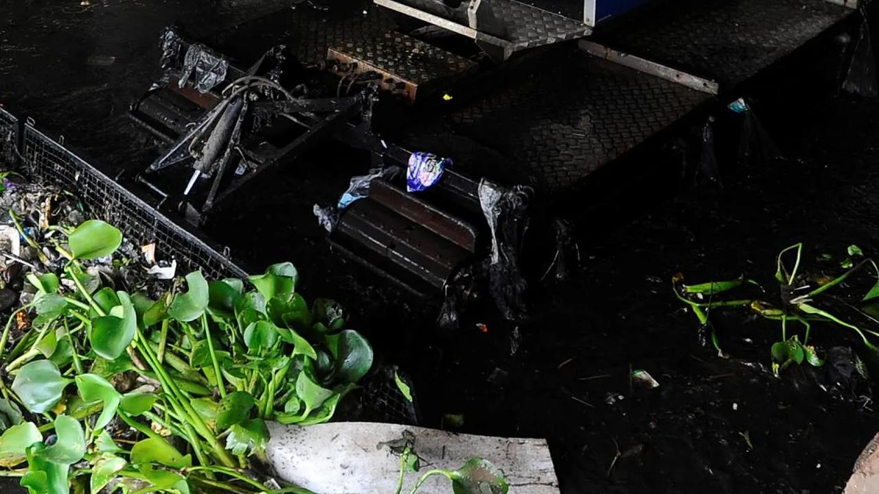 Petugas Dinas PUPR Kota Depok menggunakan alat truxor saat membersihkan gulma eceng gondok di Situ pPengarengan, Depok, Jawa Barat, Selasa (28/11/2023).<br>