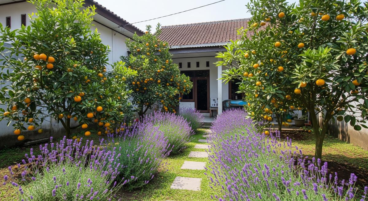 Jenis Tanaman Buah dan Hias yang Cocok Digabung di Kebun Pekarangan Kombinasi Jeruk dan Lavender