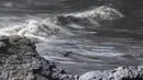 Tumpahan minyak menutupi pantai di pantai Cavero di Ventanilla, Callao, Peru, Senin (17/1/2022). Tumpahan minyak terjadi saat gelombang tsunami yang dipicu letusan gunung api bawah laut di Tonga menghantam kapal yang tengah bongkar muatan minyak ke kilang La Pampilla. (AP Photo/Martin Mejia)
