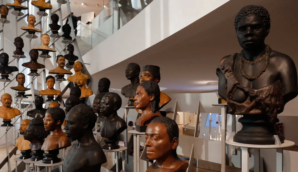 Galeri patung - patung manusia berjajar di dalam Museum Manusia atau Musee de l' Homme, Paris , Perancis, Rabu (14/10/2015). Museum ini didedikasikan untuk pengetahuan bidang antropologi , etnologi dan prasejarah evolusi manusia. (REUTERS/Jacky Naegelen)