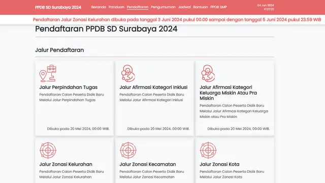 Saat ini masa pendaftaran PPDB SD Surabaya 2024 sudah masuk kategori Jalur Zonasi Kelurahan yang berlangsung pada 3-5 Juni 2024.