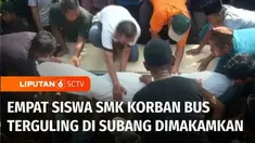 Keluarga memakamkan guru dan siswa SMK Lingga Kencana yang tewas dalam kecelakaan di Subang, Jawa Barat. Sebanyak enam korban dimakamkan di TPU Parung Bingung, Depok, Jawa Barat.