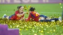 Timnas Spanyol juga bisa mengawinkan gelar juaranya di berbagai kelompok usia. Sebelumnya, Timnas Wanita Spanyol U-17 dan Timnas Wanita Spanyol U-20 juga menjadi juara Piala Dunia tahun lalu.  (AP Photo/Alessandra Tarantino)