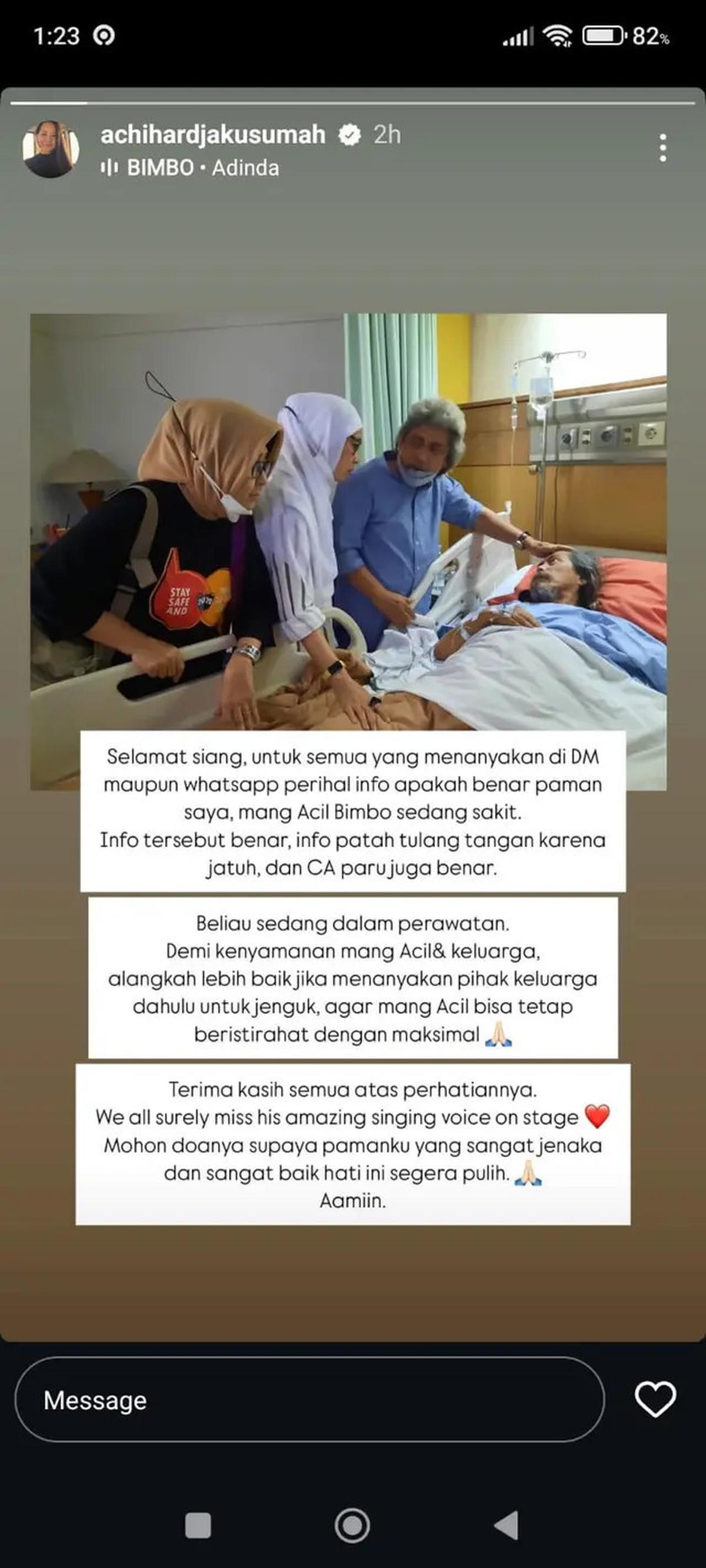 Acil Bimbo Terbaring di Rumah Sakit, Alami Penyakit Paru dan Patah Tulang karena Jatuh