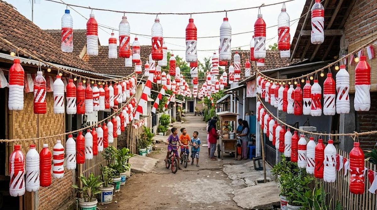 Ide Hiasan Jalan Kampung 17 Agustus dengan Barang Bekas yang Hemat Biaya (AI Generated)