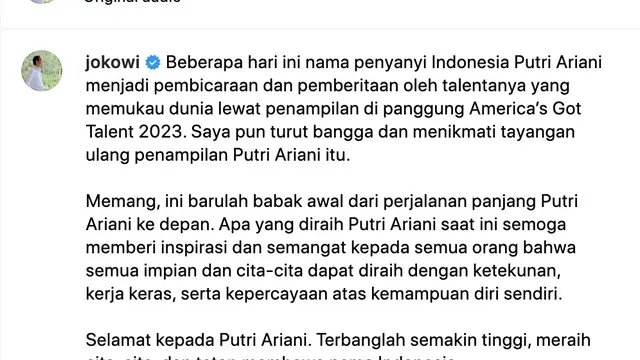 Unggahan Jokowi soal Putri Ariani. (Foto: Dok. Instagram terverifikasi @jokowi)