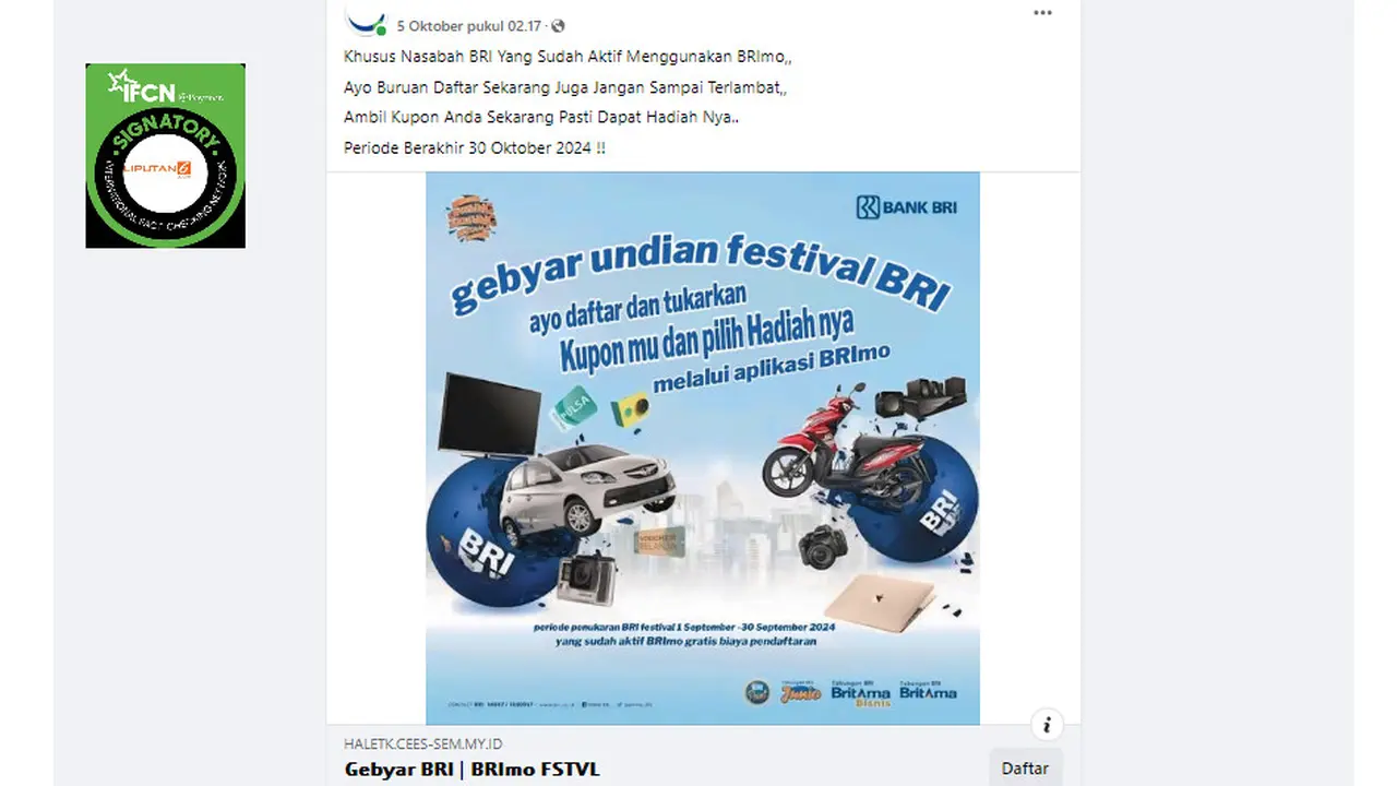 Tangkapan layar klaim pendaftaran gebyar undian festival BRI